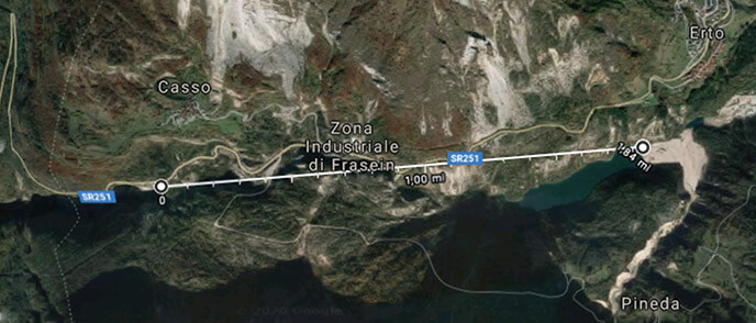 distance from the dam to the lake of Vajont Google Maps
